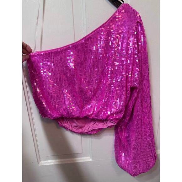 NWT Show Me Your Mu Mu Pink Sequin One Shoulder Glam Top Size S - Picture 2 of 8
